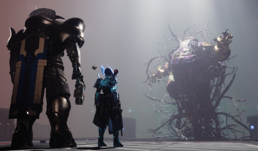 Guardian and Caiatl look at the remains of Calus after his death