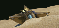 Early render of Sagira laying deactivated in the sand of Mercury.