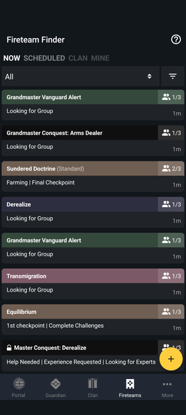 The Now Tab of Fireteams.