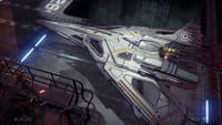 A jumpship with Dead Orbit emblems on the vertical stabilizers.