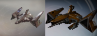 A side-by-side comparison of Eon Shadow and Eon Trespass. Note the absence of the bottom attachments and the condition of the nose cannon on the Destiny 2 model.