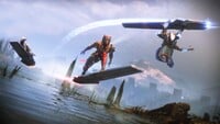 Promotional art of all three classes using a skimmer, with the Hunter doing a trick.