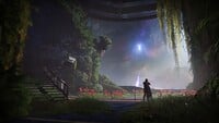 Cayde-6 is seen in an overgrown replication of the Tower.