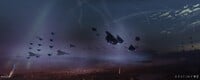 The Coalition fleet in the night sky above the Last City