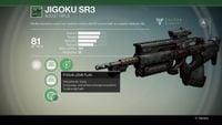 The menu of a Alpha weapon called Jigoku SR3.