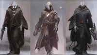 Concept art of Warlocks from the 3 races (Awoken, Human, and Exo, respectively).